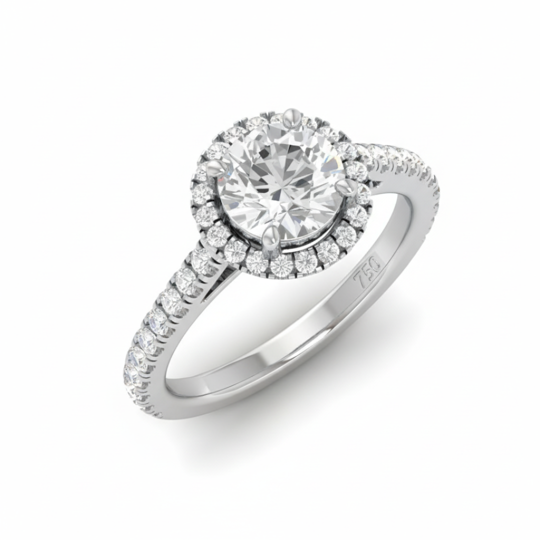 Belle Round Cut Diamond Engagement Ring with Diamond Halo & Diamond Band