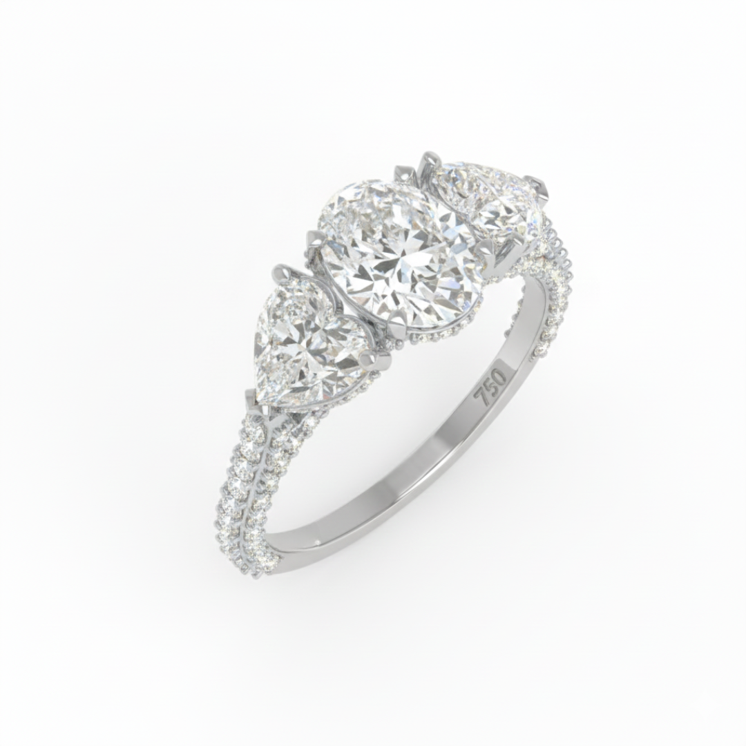 Vidhi Oval Cut Diamond Engagement Ring with Heart Cut Side Diamonds and 3D Diamond Band