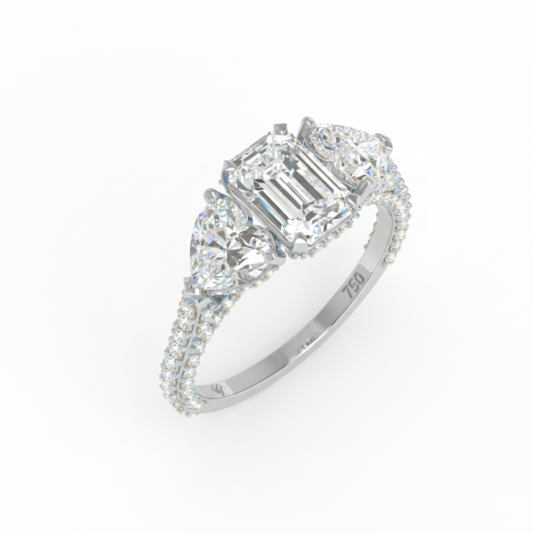 Vidhi Emerald Cut Diamond Engagement Ring with Heart Cut Side Diamonds and 3D Diamond Band