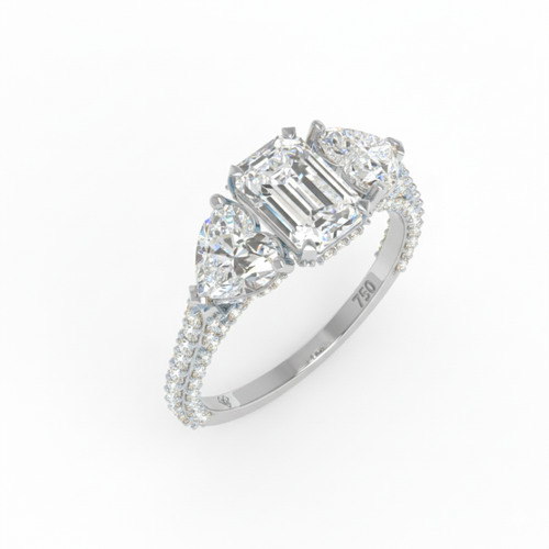 Load image 1 in gallery view. Vidhi Emerald Cut Diamond Engagement Ring with Heart Cut Side Diamonds and 3D Diamond Band