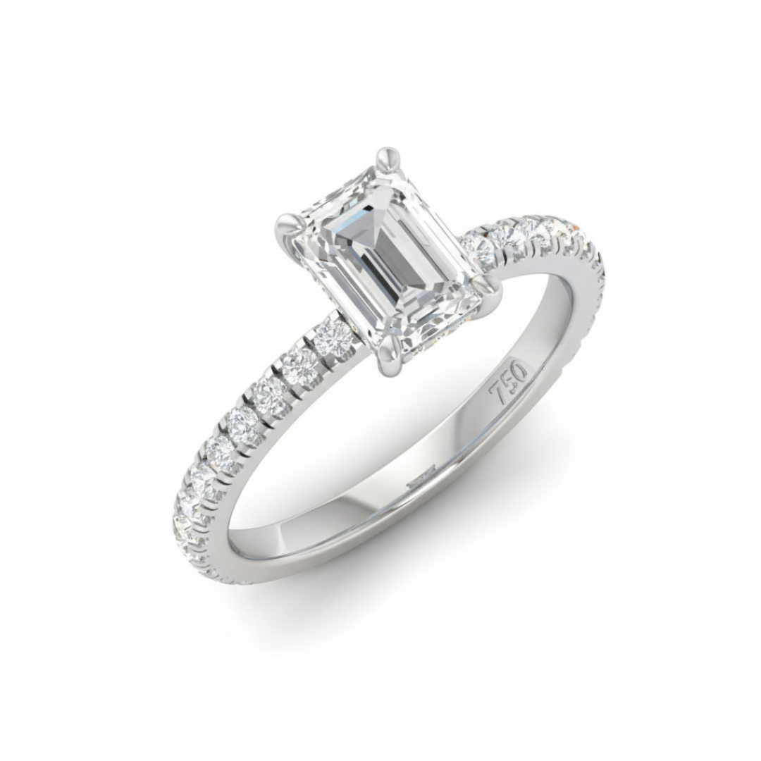 Lila Emerald Cut Diamond Engagement Ring with Diamond Hidden Halo and Diamond Band