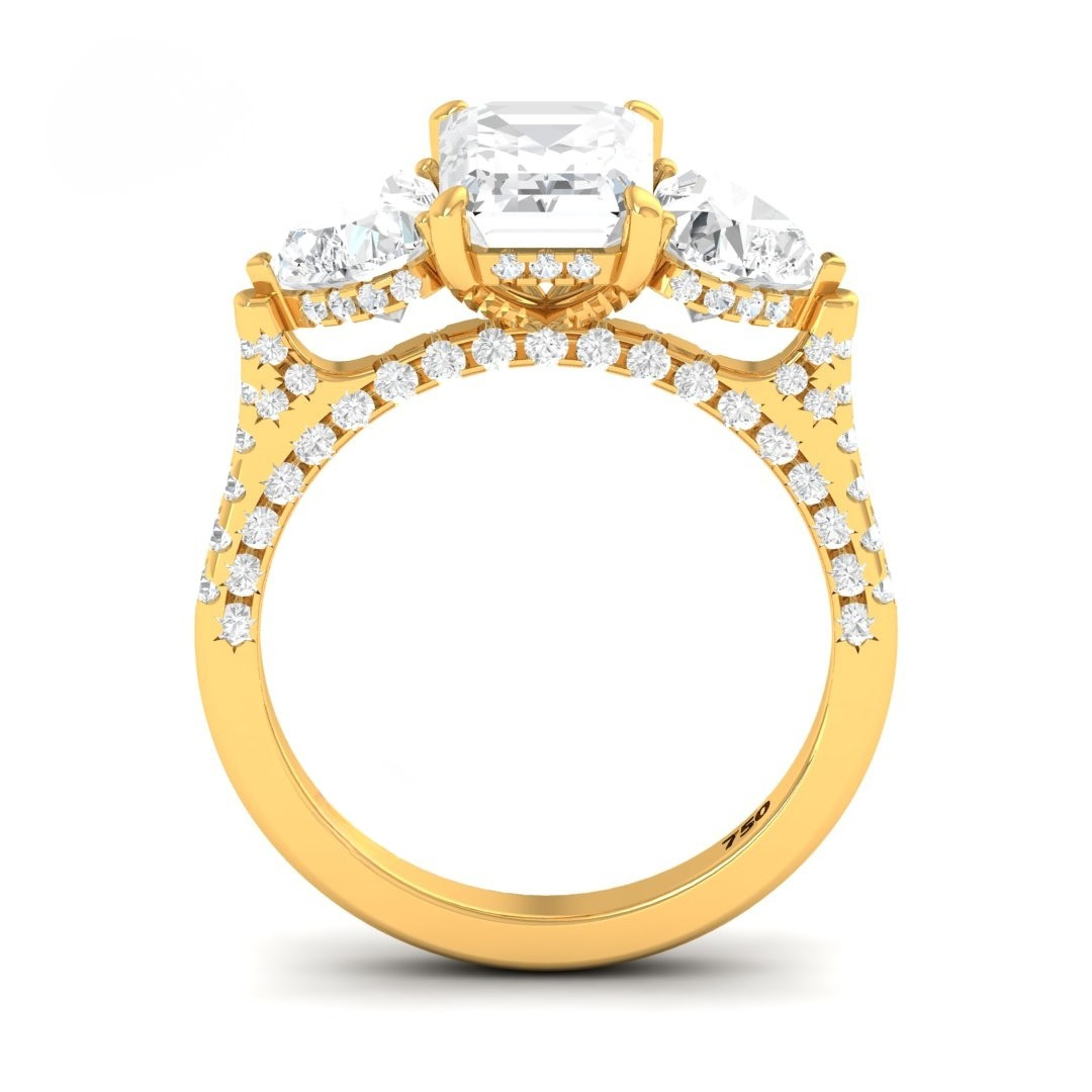 Vidhi Emerald Cut Diamond Engagement Ring with Heart Cut Side Diamonds and 3D Diamond Band
