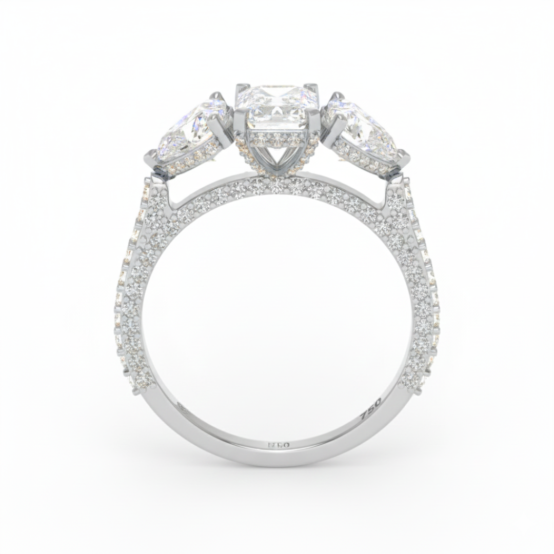 Vidhi Emerald Cut Diamond Engagement Ring with Heart Cut Side Diamonds and 3D Diamond Band