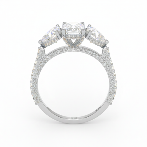 Load image 1 in gallery view. Vidhi Emerald Cut Diamond Engagement Ring with Heart Cut Side Diamonds and 3D Diamond Band