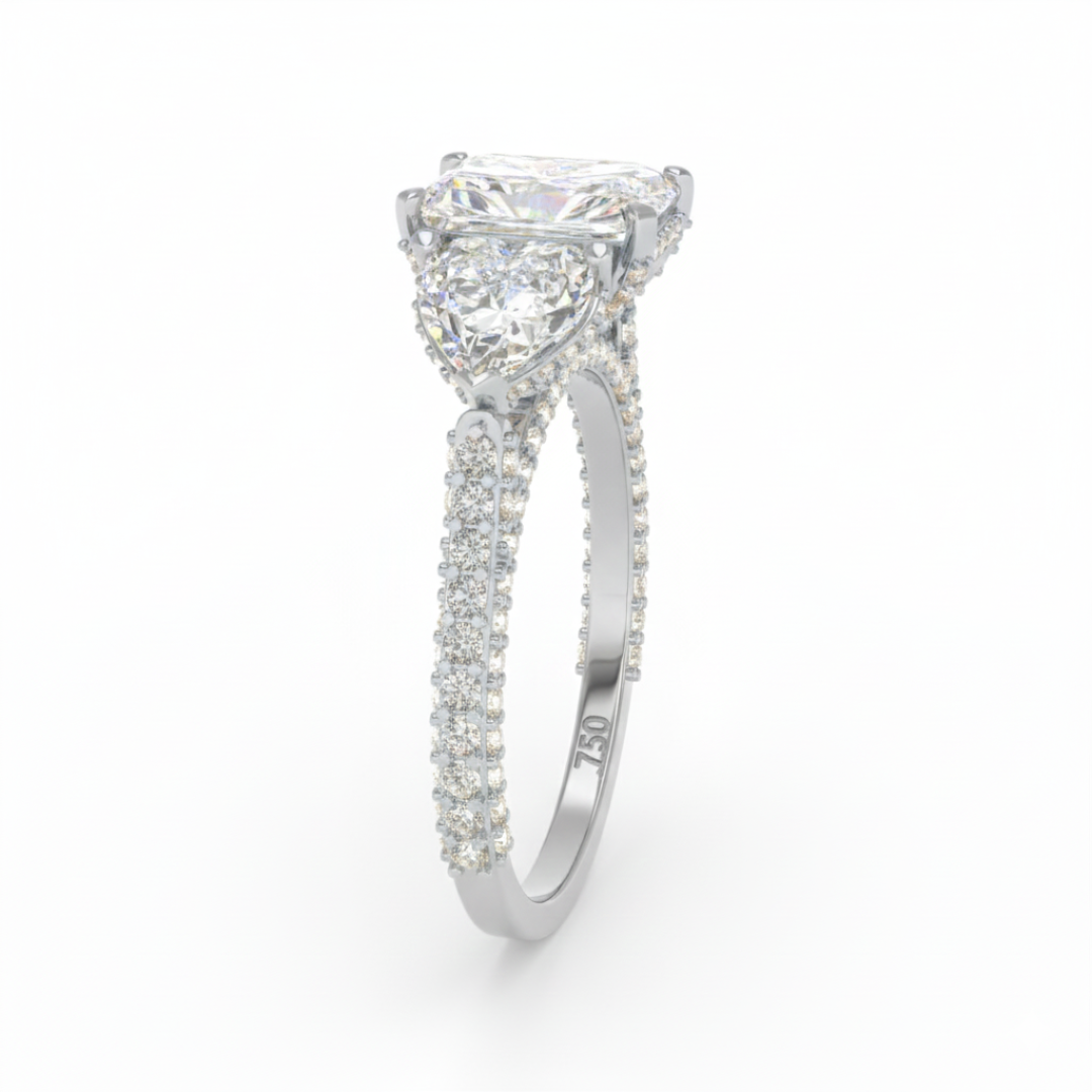 Vidhi Radiant Cut Diamond Engagement Ring with Heart Cut Side Diamonds and 3D Diamond Band