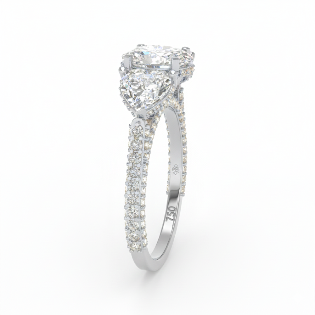 Vidhi Oval Cut Diamond Engagement Ring with Heart Cut Side Diamonds and 3D Diamond Band