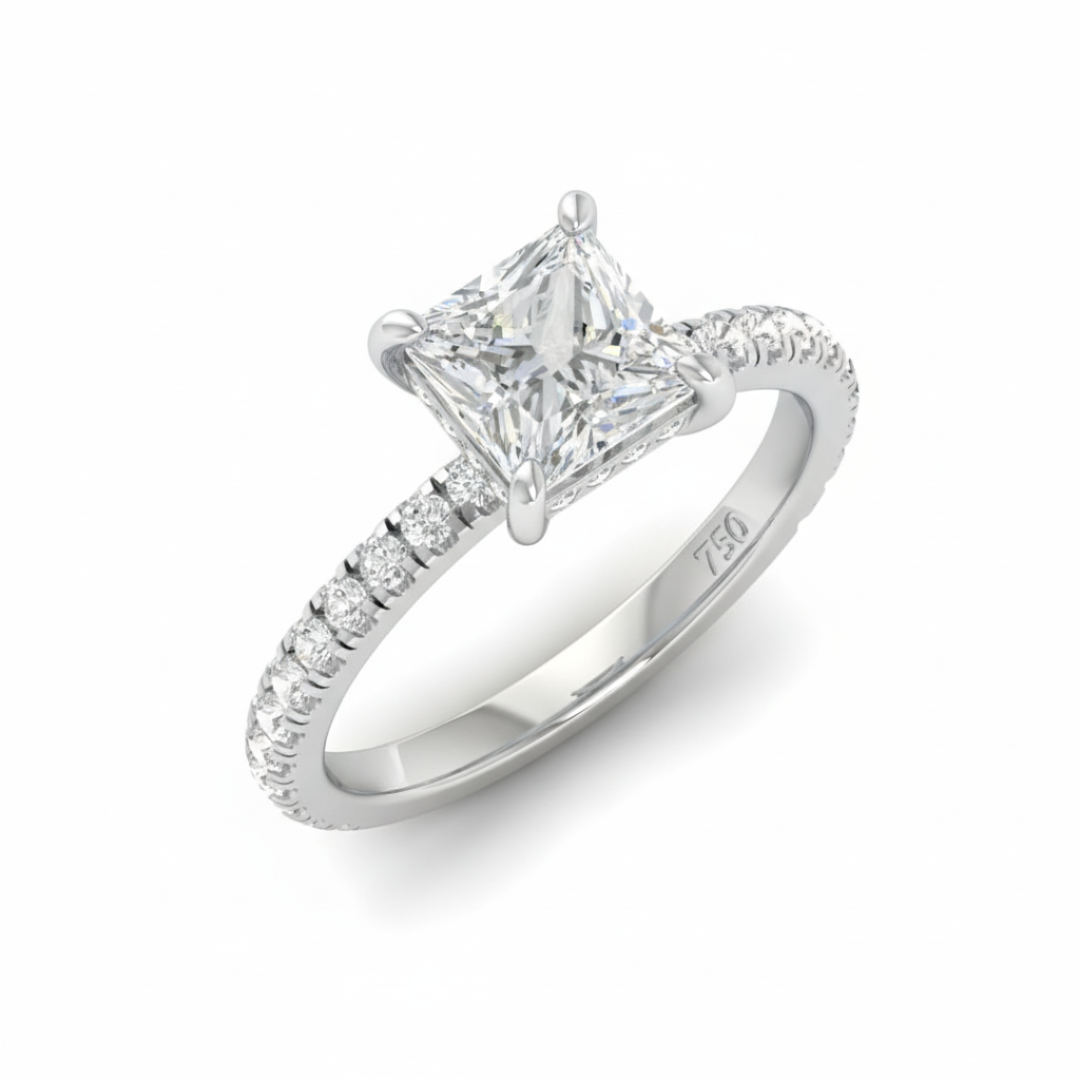 Lila Princess Cut Diamond Engagement Ring with Diamond Hidden Halo and Diamond Band