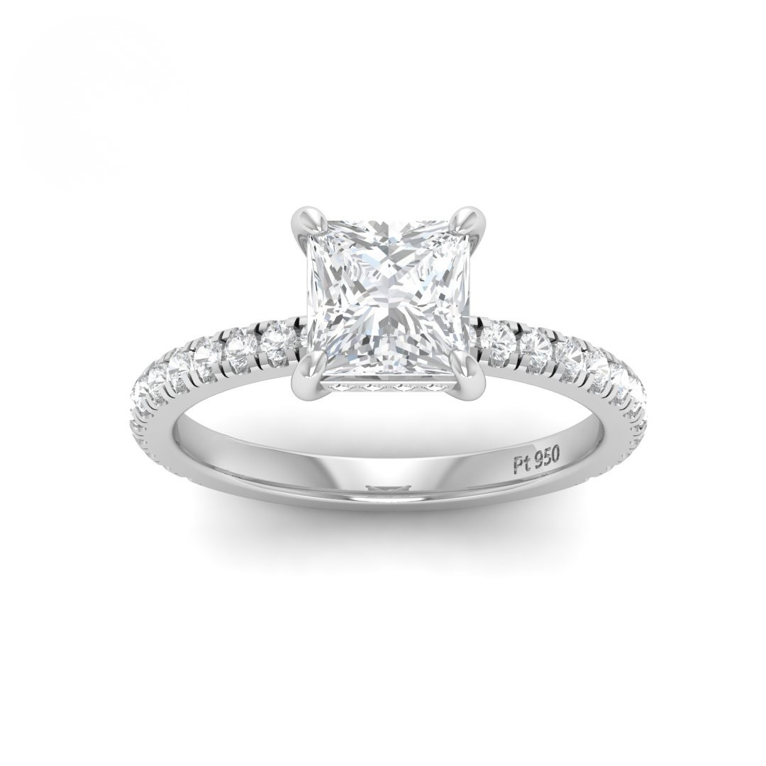Lila Princess Cut Diamond Engagement Ring with Diamond Hidden Halo and Diamond Band