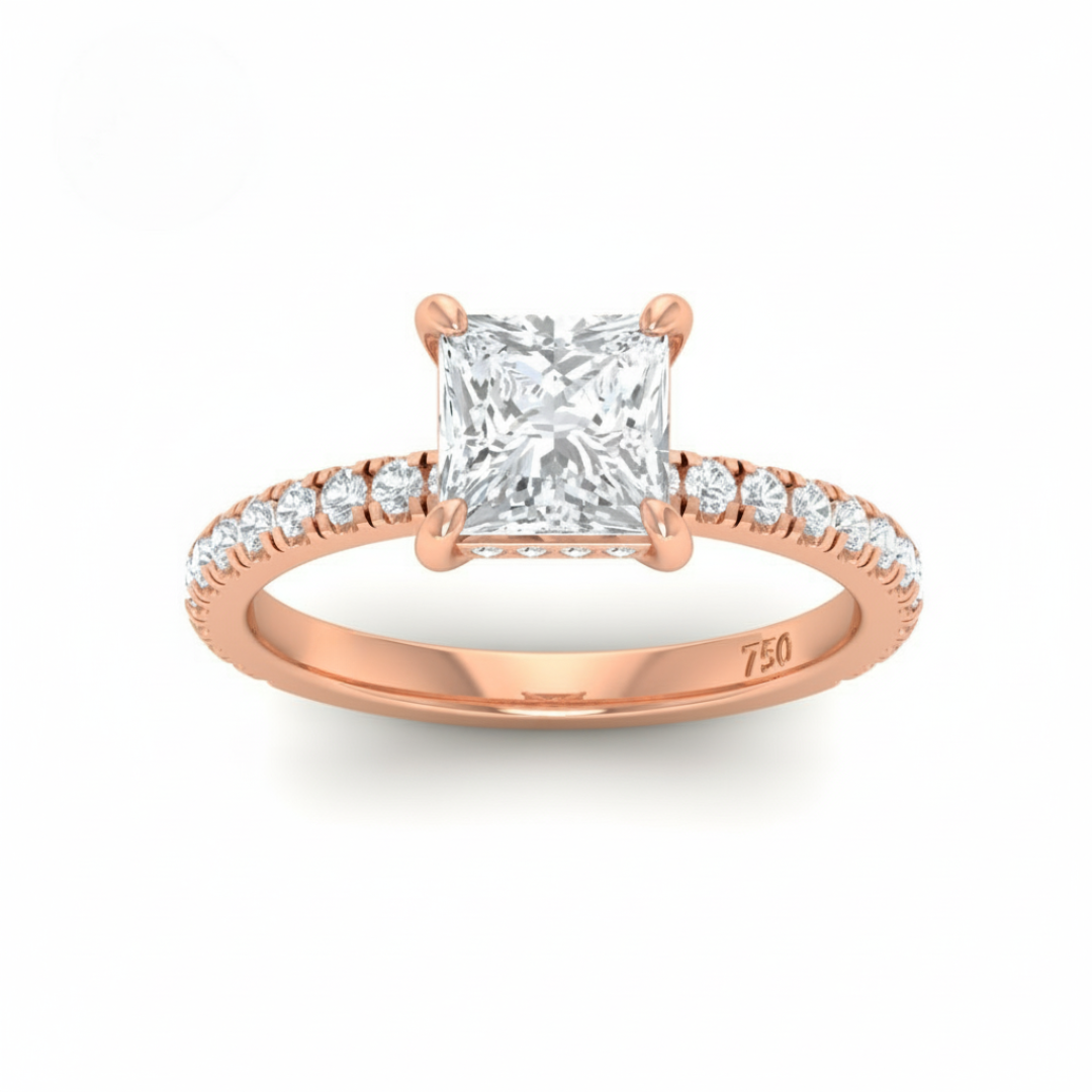 Lila Princess Cut Diamond Engagement Ring with Diamond Hidden Halo and Diamond Band