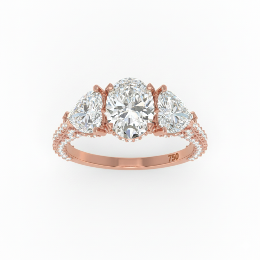 Vidhi Oval Cut Diamond Engagement Ring with Heart Cut Side Diamonds and 3D Diamond Band