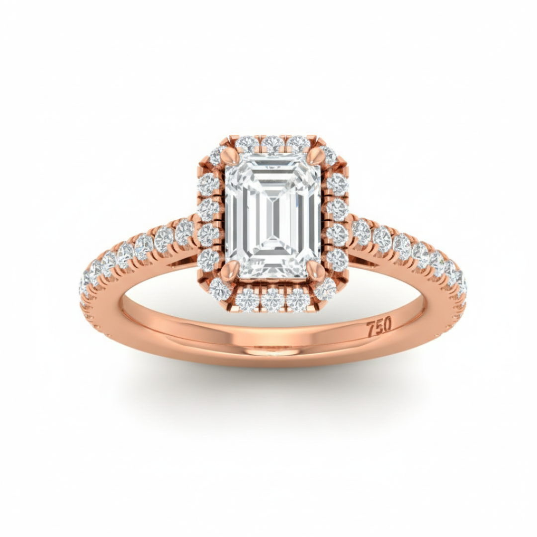 Belle Emerald Cut Diamond Engagement Ring with Diamond Halo & Diamond Band