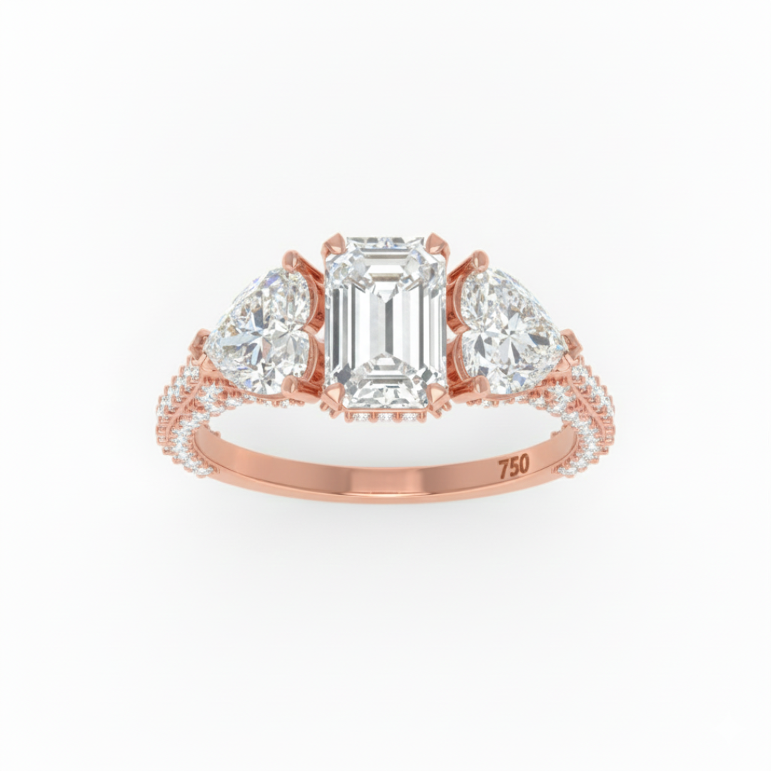 Vidhi Emerald Cut Diamond Engagement Ring with Heart Cut Side Diamonds and 3D Diamond Band