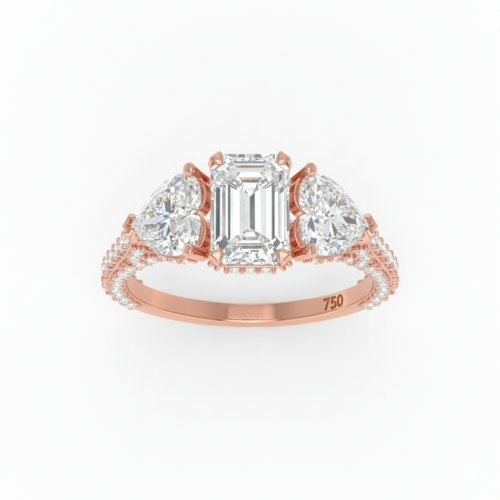 Load image 1 in gallery view. Vidhi Emerald Cut Diamond Engagement Ring with Heart Cut Side Diamonds and 3D Diamond Band
