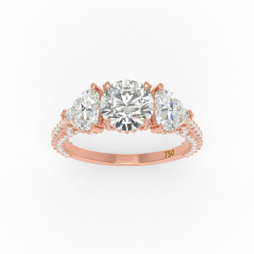 Load image 1 in gallery view. Vidhi Round Cut Diamond Engagement Ring with Heart Cut Side Diamonds and 3D Diamond Band
