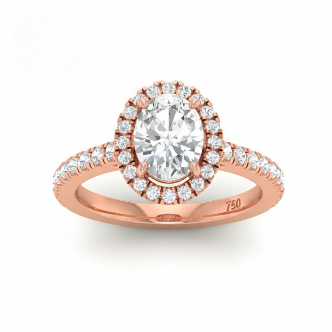Belle Oval Cut Diamond Engagement Ring with Diamond Halo & Diamond Band