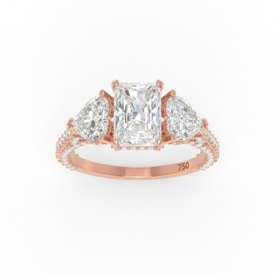 Vidhi Radiant Cut Diamond Engagement Ring with Heart Cut Side Diamonds and 3D Diamond Band