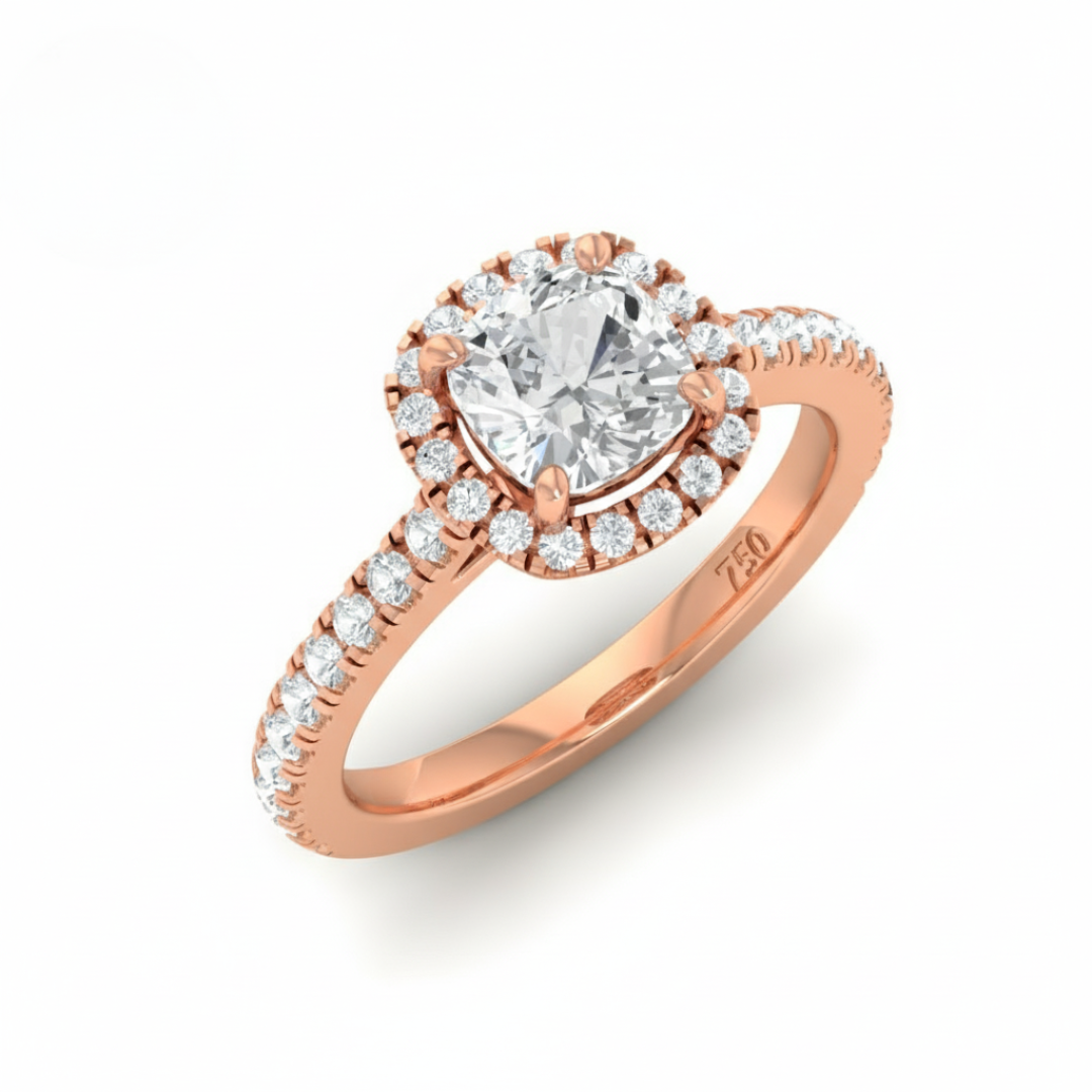 Belle Cushion Cut Diamond Engagement Ring with Diamond Halo & Diamond Band
