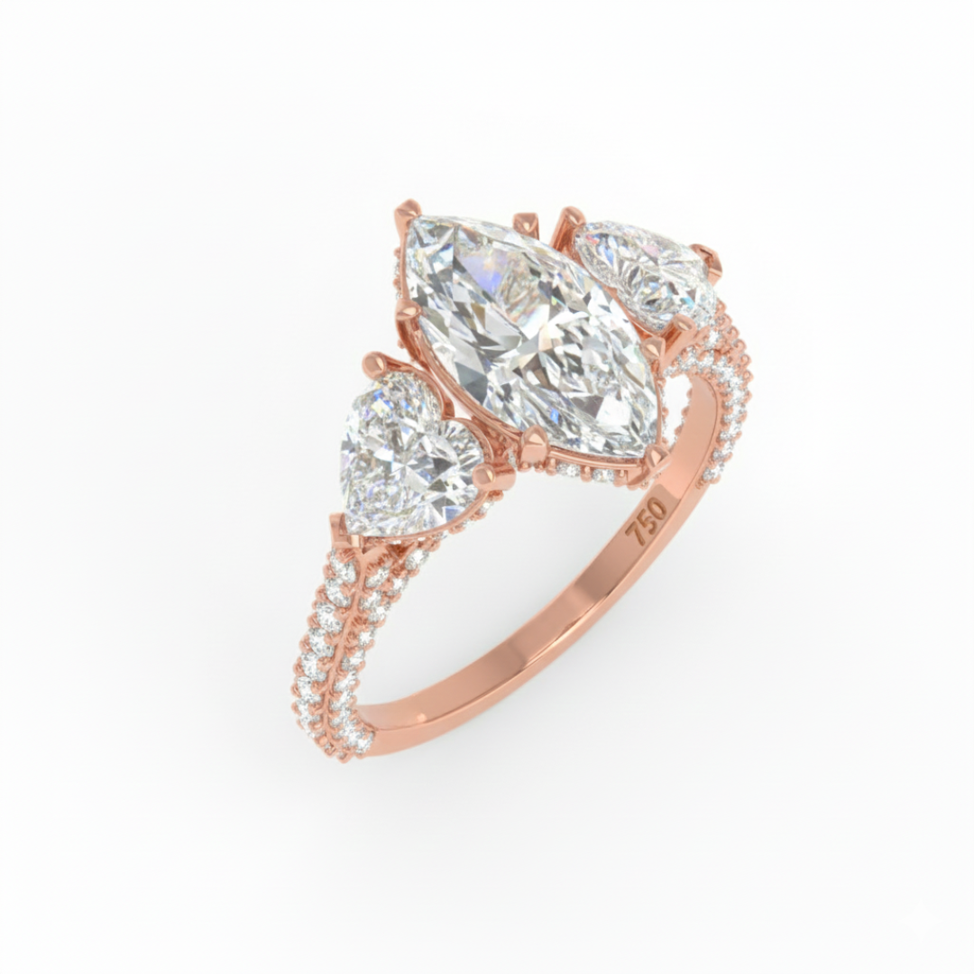 Vidhi Marquise Cut Diamond Engagement Ring with Heart Cut Side Diamonds and 3D Diamond Band
