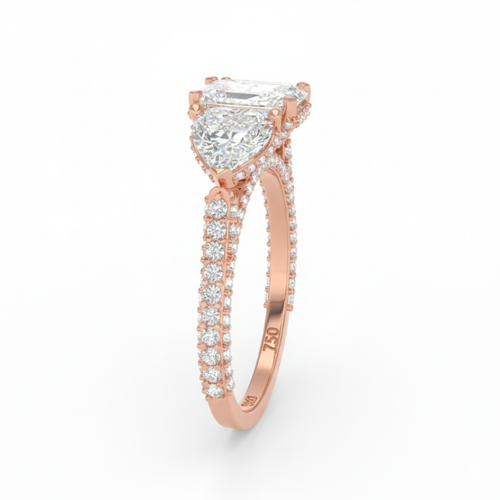 Load image 1 in gallery view. Vidhi Emerald Cut Diamond Engagement Ring with Heart Cut Side Diamonds and 3D Diamond Band