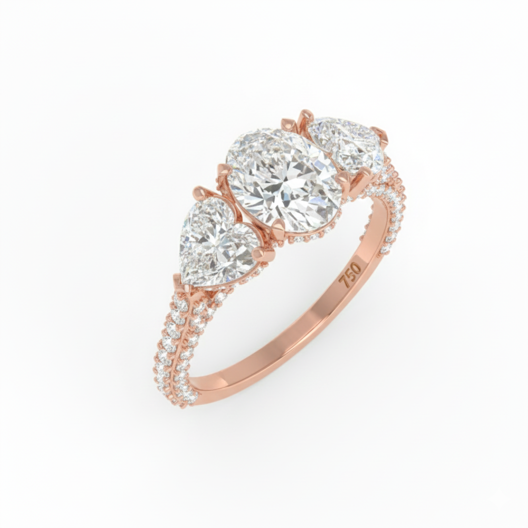 Vidhi Oval Cut Diamond Engagement Ring with Heart Cut Side Diamonds and 3D Diamond Band