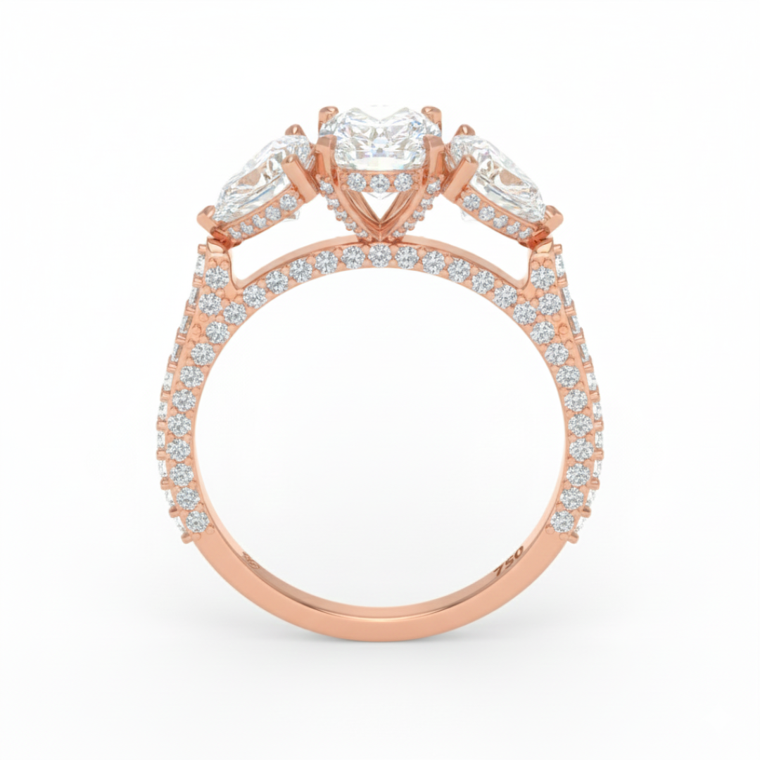 Vidhi Cushion Cut Diamond Engagement Ring with Heart Cut Side Diamonds and 3D Diamond Band