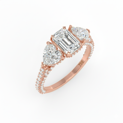 Load image 1 in gallery view. Vidhi Emerald Cut Diamond Engagement Ring with Heart Cut Side Diamonds and 3D Diamond Band