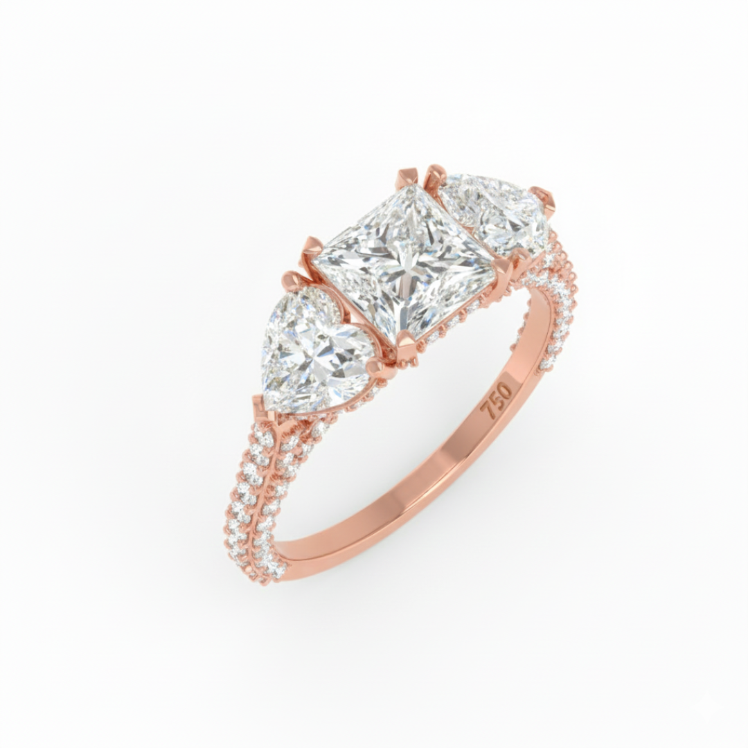Vidhi Princess Cut Diamond Engagement Ring with Heart Cut Side Diamonds and 3D Diamond Band