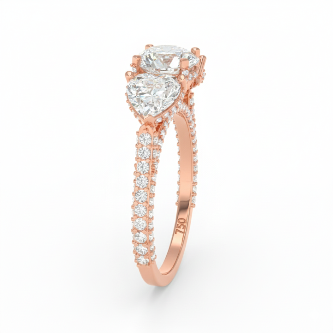 Vidhi Round Cut Diamond Engagement Ring with Heart Cut Side Diamonds and 3D Diamond Band