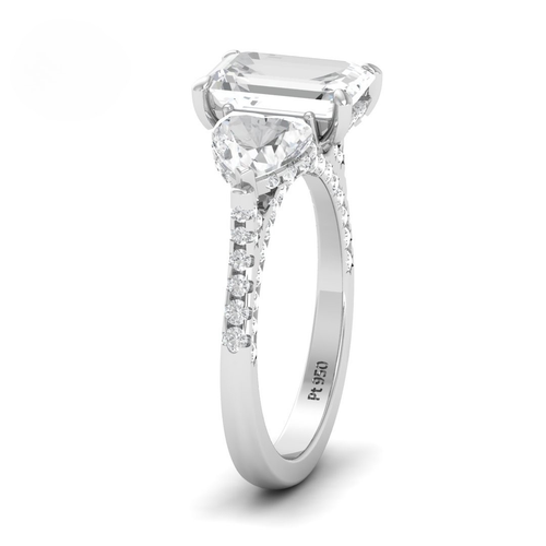 Load image 1 in gallery view. Vidhi Emerald Cut Diamond Engagement Ring with Heart Cut Side Diamonds and 3D Diamond Band