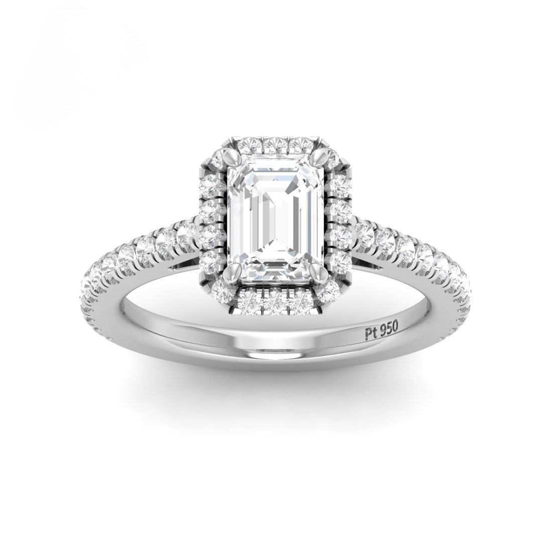 Belle Emerald Cut Diamond Engagement Ring with Diamond Halo & Diamond Band