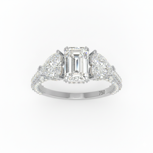 Load image 1 in gallery view. Vidhi Emerald Cut Diamond Engagement Ring with Heart Cut Side Diamonds and 3D Diamond Band