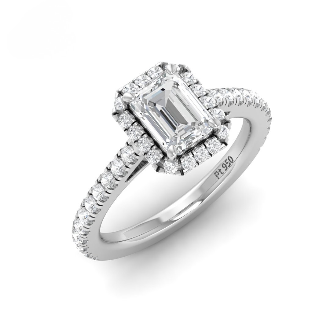 Belle Emerald Cut Diamond Engagement Ring with Diamond Halo & Diamond Band