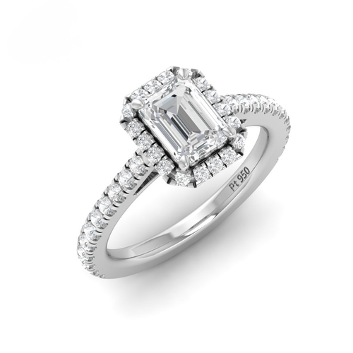 Load image 1 in gallery view. Belle Emerald Cut Diamond Engagement Ring with Diamond Halo & Diamond Band