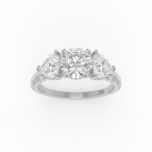 Load image 1 in gallery view. Vidhi Round Cut Diamond Engagement Ring with Heart Cut Side Diamonds and 3D Diamond Band