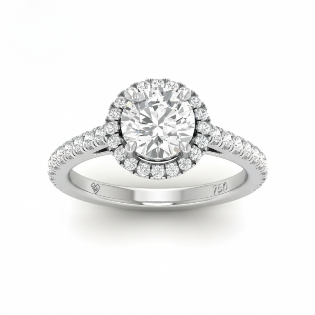 Belle Round Cut Diamond Engagement Ring with Diamond Halo & Diamond Band