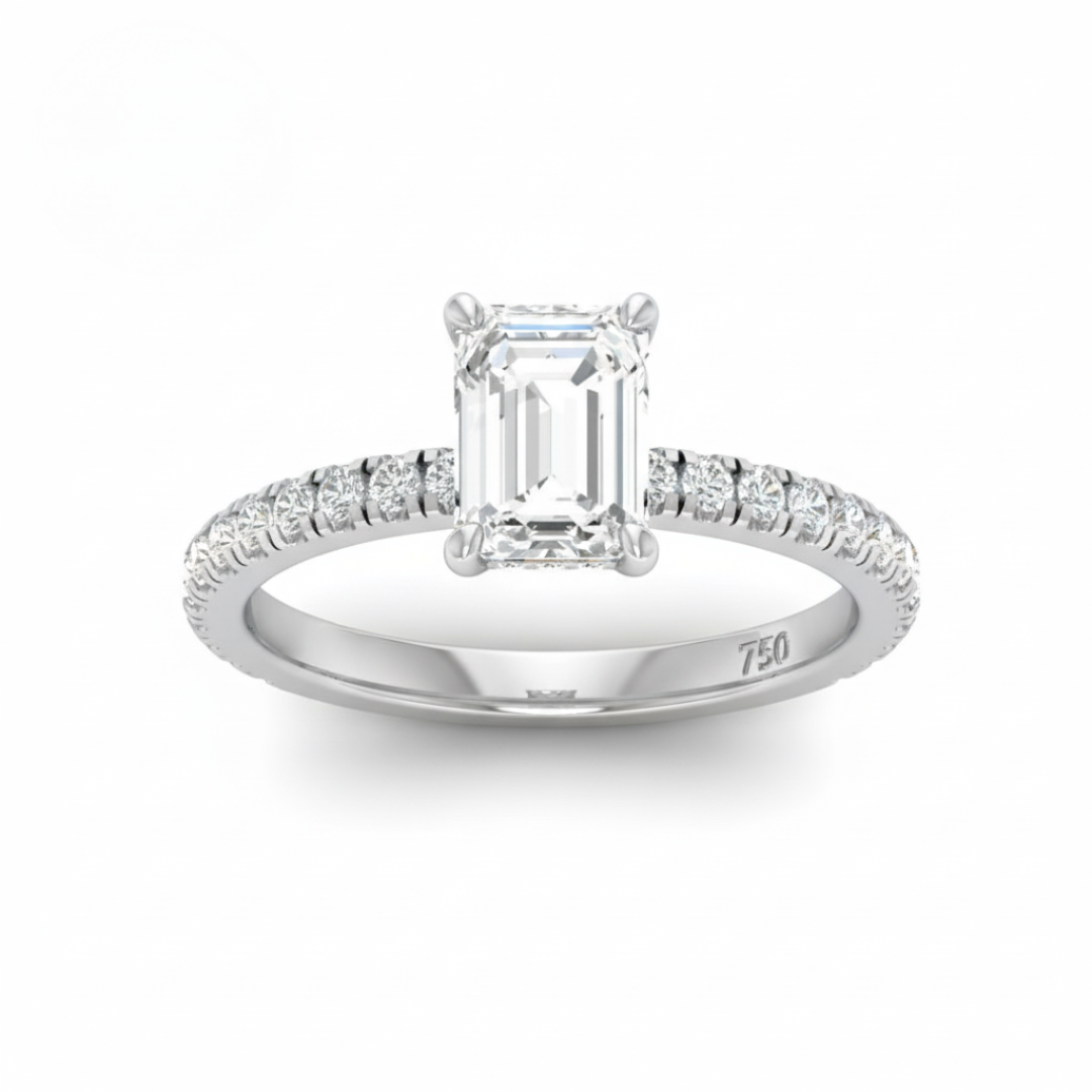 Lila Emerald Cut Diamond Engagement Ring with Diamond Hidden Halo and Diamond Band