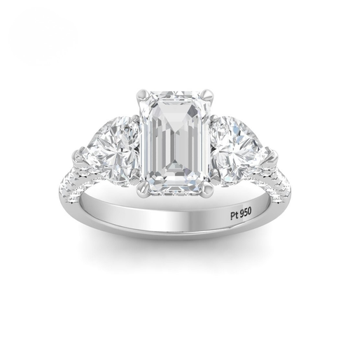 Load image 1 in gallery view. Vidhi Emerald Cut Diamond Engagement Ring with Heart Cut Side Diamonds and 3D Diamond Band