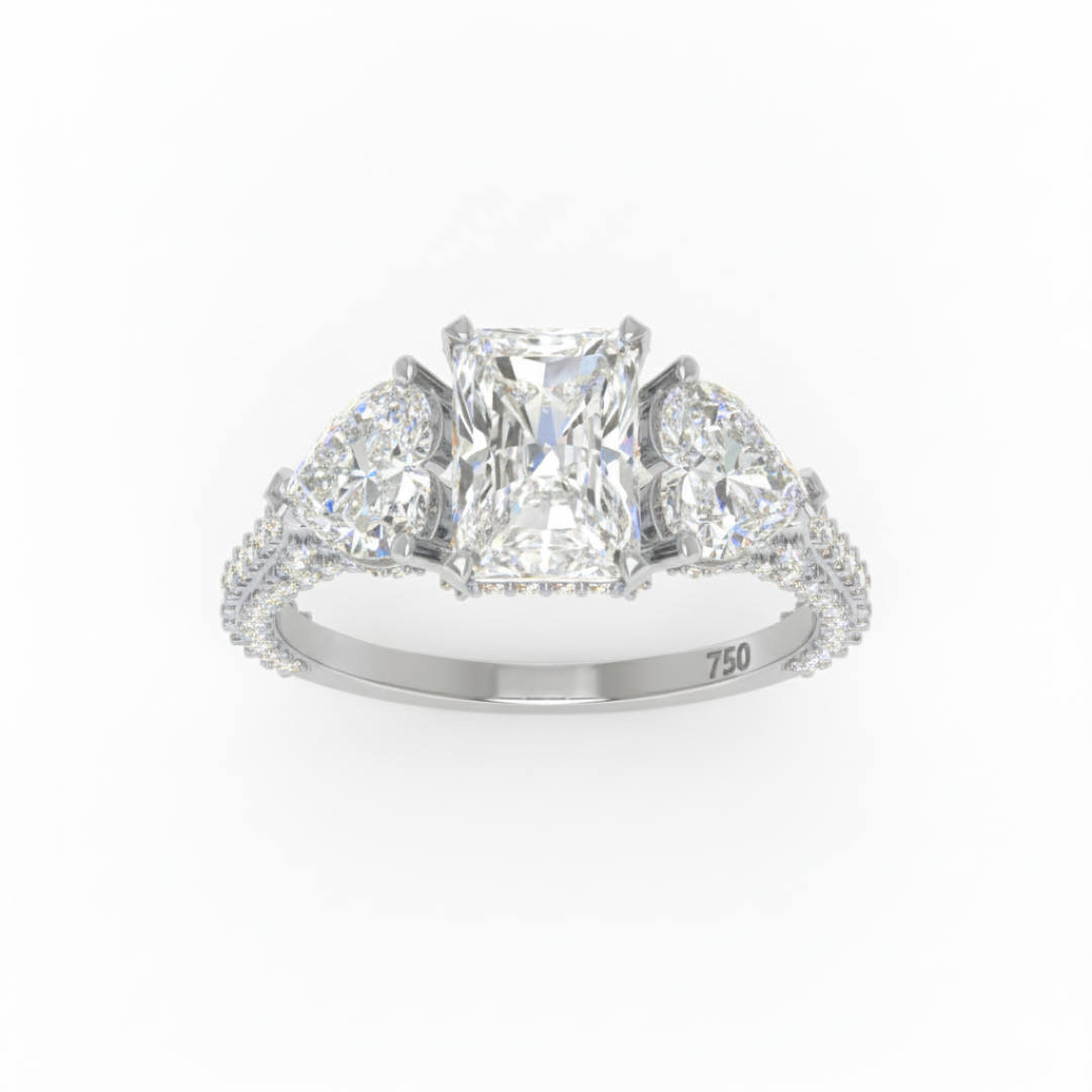 Vidhi Radiant Cut Diamond Engagement Ring with Heart Cut Side Diamonds and 3D Diamond Band