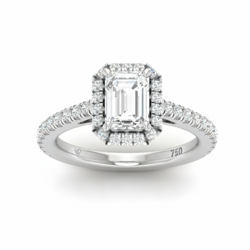 Load image 1 in gallery view. Belle Emerald Cut Diamond Engagement Ring with Diamond Halo & Diamond Band