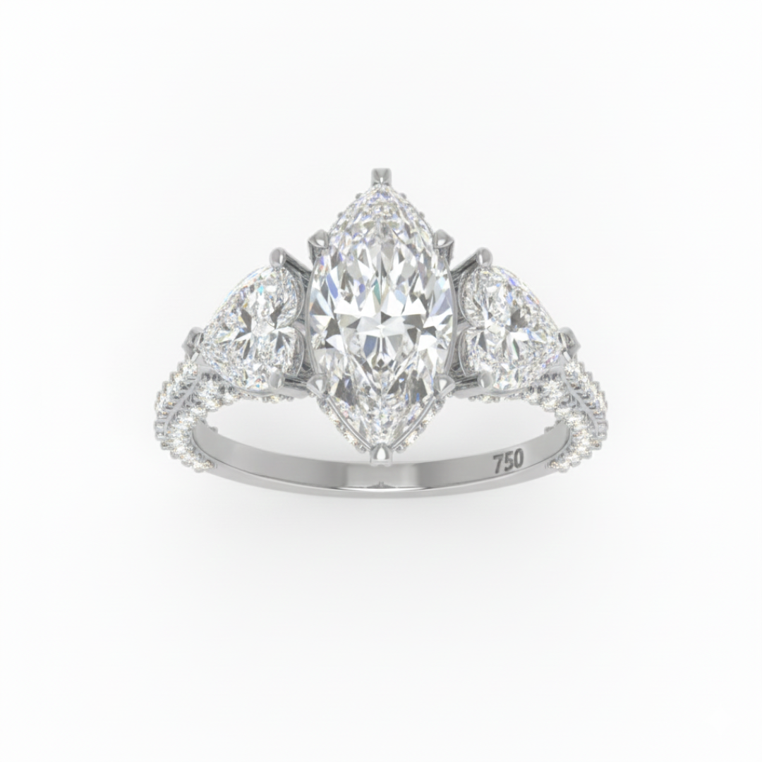 Vidhi Marquise Cut Diamond Engagement Ring with Heart Cut Side Diamonds and 3D Diamond Band