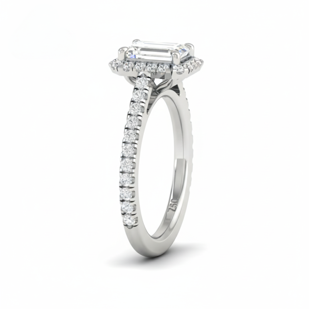 Belle Emerald Cut Diamond Engagement Ring with Diamond Halo & Diamond Band