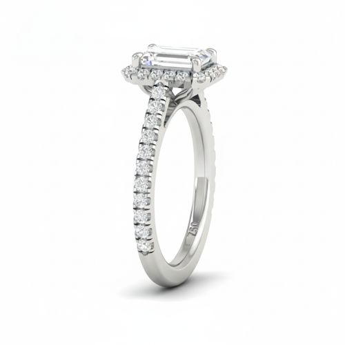 Load image 1 in gallery view. Belle Emerald Cut Diamond Engagement Ring with Diamond Halo & Diamond Band