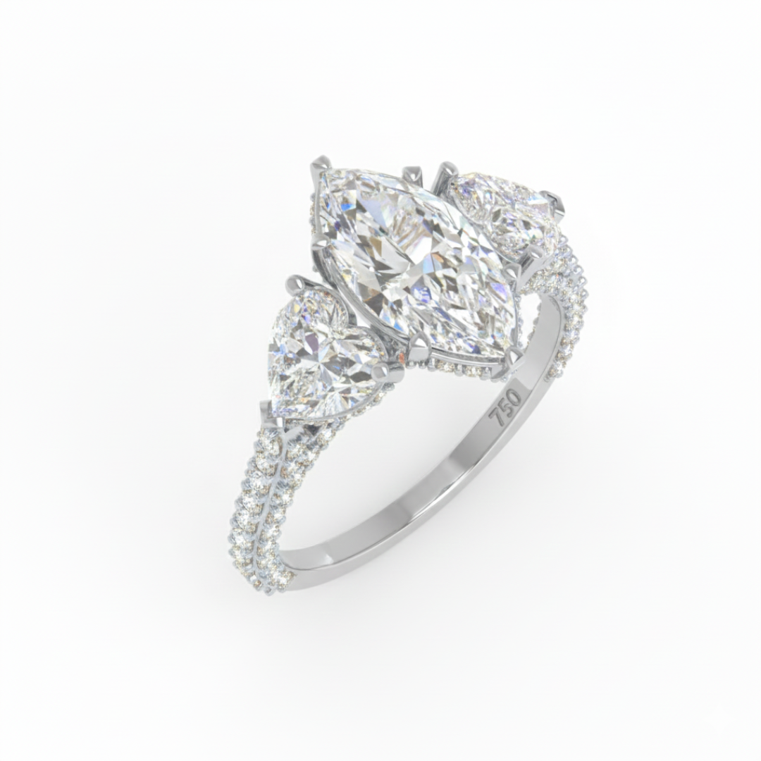 Vidhi Marquise Cut Diamond Engagement Ring with Heart Cut Side Diamonds and 3D Diamond Band