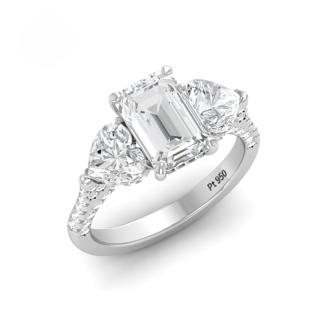Vidhi Emerald Cut Diamond Engagement Ring with Heart Cut Side Diamonds and 3D Diamond Band