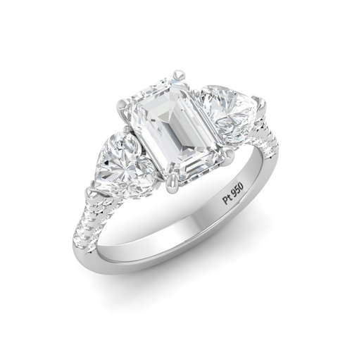 Load image 1 in gallery view. Vidhi Emerald Cut Diamond Engagement Ring with Heart Cut Side Diamonds and 3D Diamond Band