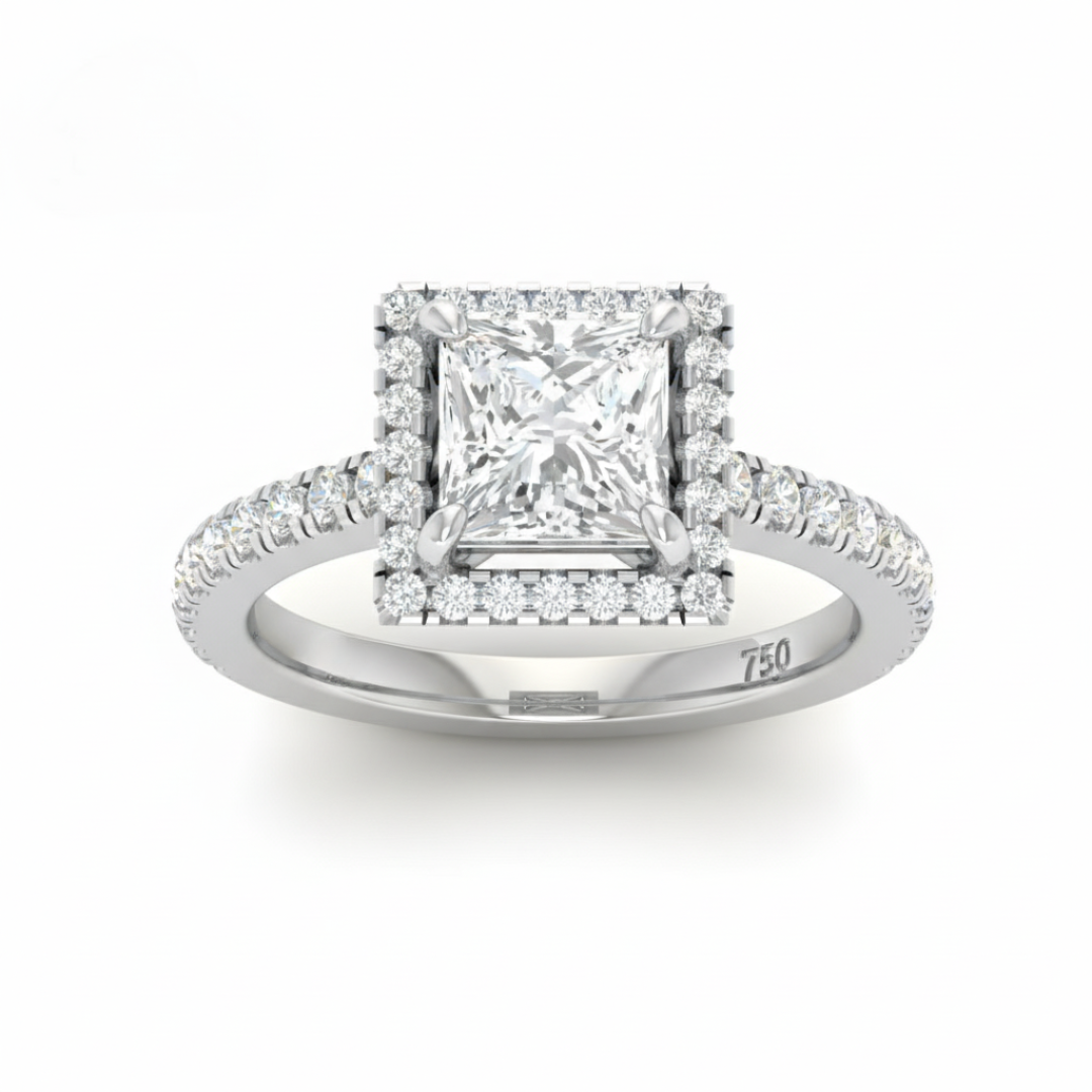 Belle Princess Cut Diamond Engagement Ring with Diamond Halo & Diamond Band
